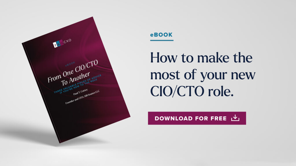 Magenta-colored book cover with title: From One CIO/CTO To Another, three valuable pieces of advice if you're new to the role, by Paul Cottey.